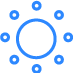 Icon in a circle surrounded by small circles with blue outline